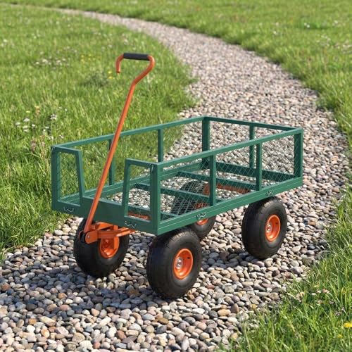 500 LBS Steel Garden Cart, Garden Wagon Cart Pullable on Wheels, Yard Utility Wagon Carts with 10 in Wheels, Removable Sides & 180° Rotating Handle for Lawn, Farm, Warehouse, Outdoor Use - color: 500 Lbs Green & Orange