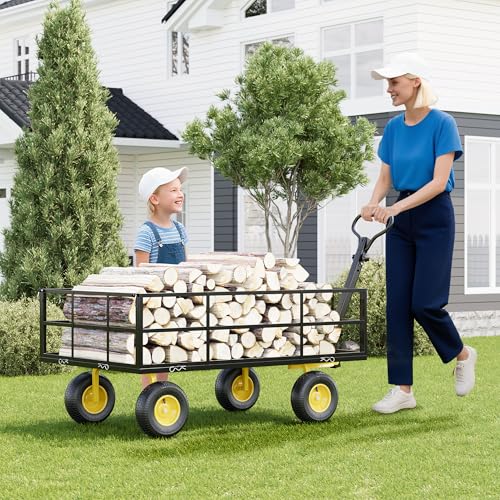 Heavy Duty Steel Garden Wagon Cart - 1400 lbs Load - 3-in-1 Utility Yard Trailer - 13" All-Terrain Tires - Removable Mesh Sides - 180° Rotating Handle - Collapsible for Outdoor, Lawn, Farm - size: 1400 LBS Black