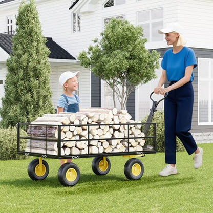 Steel Garden Cart on Wheels, 1200 Lbs Heavy Duty Yard Utility Wagon with Removable Mesh Sides, All Terrain Pneumatic Tires, Durable Metal Frame for Lawn, Garden, Farm - Black Yellow - color: Black+yellow, size: 1200LBS