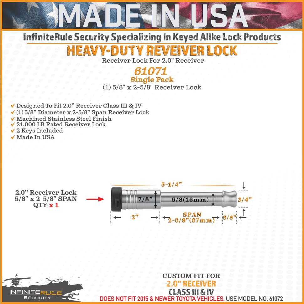 61071 | Receiver Lock for 2" Receiver - Class III & IV - color: 1PK (1) Receiver Lock, size: Fits: 2.0" Receiver - Class III & IV