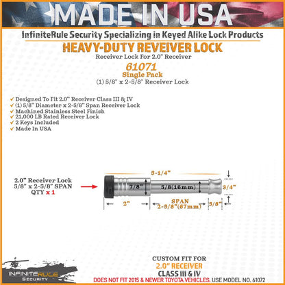 61071 | Receiver Lock for 2" Receiver - Class III & IV - color: 1PK (1) Receiver Lock, size: Fits: 2.0" Receiver - Class III & IV