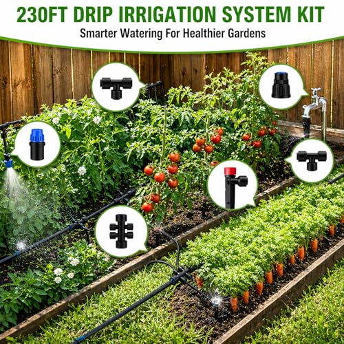 230FT Drip Irrigation System Kit, Quick Push-to-Connect Auto Garden Watering Irrigation System with 33FT 1/2'' & 197FT 1/4'' Tubing, Adjustable Dripper Sprayers for Raised Bed, Lawn, Greenhouse - size: 230FT