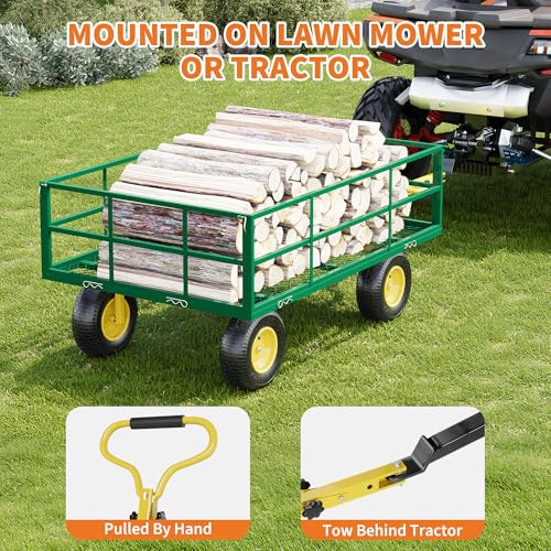 3-in-1 Heavy-Duty Steel Garden Cart, 1200 Lbs Garden Wagon, with 13 Inch All-Terrain Tires and Removable Mesh Side Panels, 180° Rotating Handle, Metal Utility Yard Trailer, Outdoor Gardens Wagon Cart - color: Green + Yellow, size: 1200 Lb