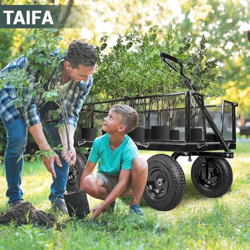 Taifa Heavy Duty Steel 1100 Lb Wagon Garden Carts with Removable Side Panels Turn Into Flatbed, All Terrain Utility Cart with 11.5" Tire, 180° Rotating Handle for Outdoor, Garden, Farm, Yard, Black - size: 1100LBS