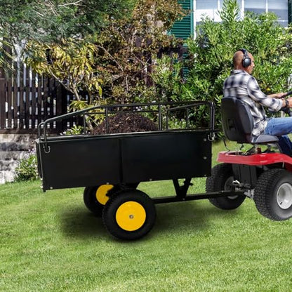 Heavy Duty ATV Trailer Steel Dump Cart, 750 Lbs 15 Cubic Feet Tow Behind Steel Dump Cart, Garden Utility Trailer Yard Trailers with Removable Sides for Riding Lawn Mower Tractor - color: Yellow
