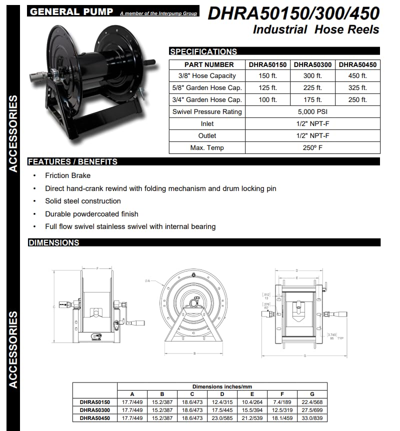 General Pump DHRA50450 3/8" x 450' Black Steel Hose Reel with Flat Sidewalls, A-frame, Pin Lock and Brake and Stainless Steel Swivel Inlet, 5000 Psi (450 Feet Capacity) - size: 450 Feet Capacity - Black Steel