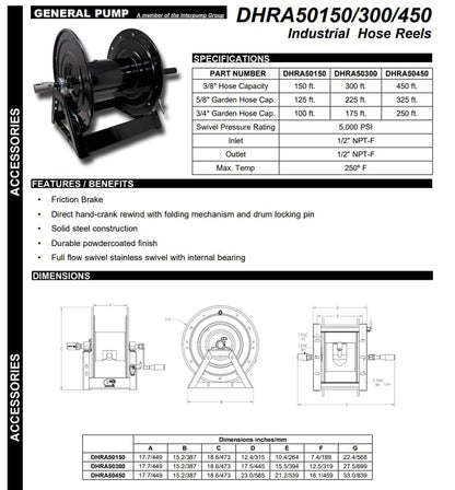 General Pump DHRA50450 3/8" x 450' Black Steel Hose Reel with Flat Sidewalls, A-frame, Pin Lock and Brake and Stainless Steel Swivel Inlet, 5000 Psi (450 Feet Capacity) - size: 450 Feet Capacity - Black Steel