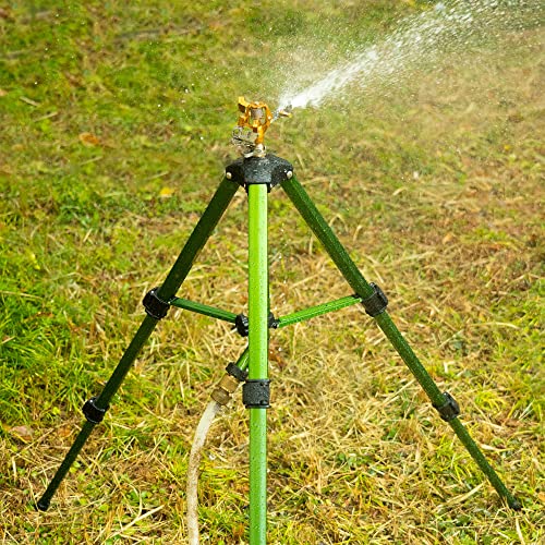 Hourleey Impact Sprinkler on Tripod Base, Heavy Duty Brass Sprinklers for Yard Lawn Garden, 0-360 Degree Large Area Coverage, 3/4 Inch Connector Extension Legs Flip Locks with Brass Sprinkler Head - size: 1 Pack