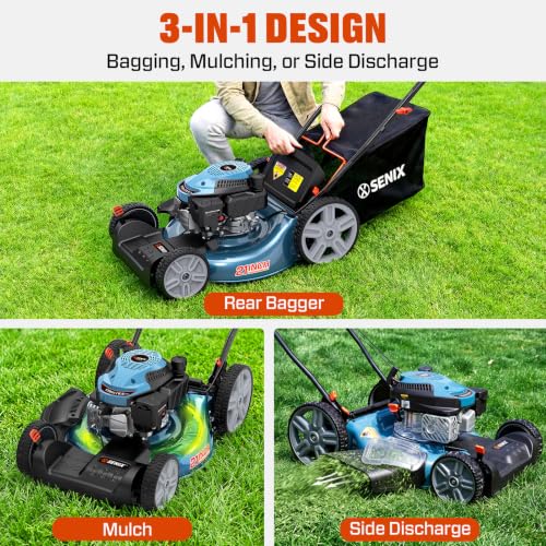 SENIX 21'' Self Propelled Gas Lawn Mower 170 cc, 6-Position Cutting, 3-in-1
