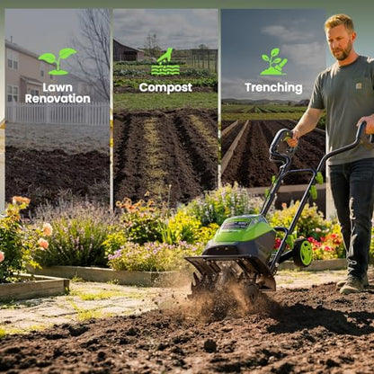 40V Cordless Electric Tiller for Soil Cultivation with 2×4.0Ah Batteries