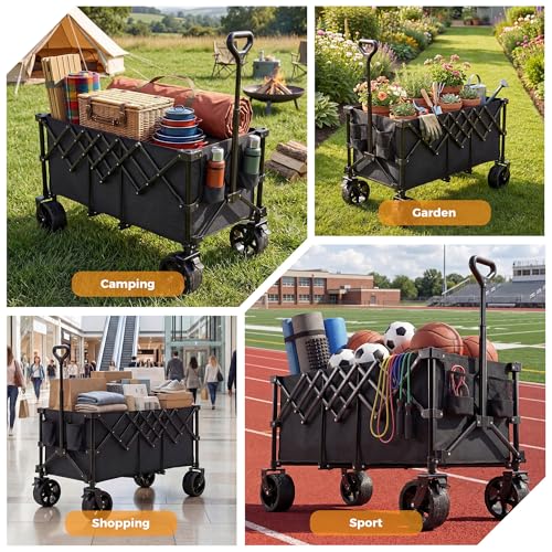 OLIXIS 49"L Collapsible Wagon 440lbs, Folding Wagon Cart with Wheels, Black - color: Black