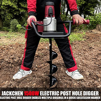 JACKCHEN 1500W Electric Post-Hole Digger with 6-Inch Auger Bit, Earth Auger Drill, Auger Bit Earth Auger, Ideal for Post Hole Digging, Drilling, Tree Planting, Red - color: Red, style: 1500W+6"Auger Drill, Red