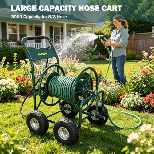 Upgrade Hose Reel Cart, 4-Wheel Heavy Duty Steel Garden Hose Cart, Holds Up to 300 ft 5/8'' Hose, with Hose Guide & Storage Basket, Portable Water Reel for Yard, Lawn & Outdoor Use
