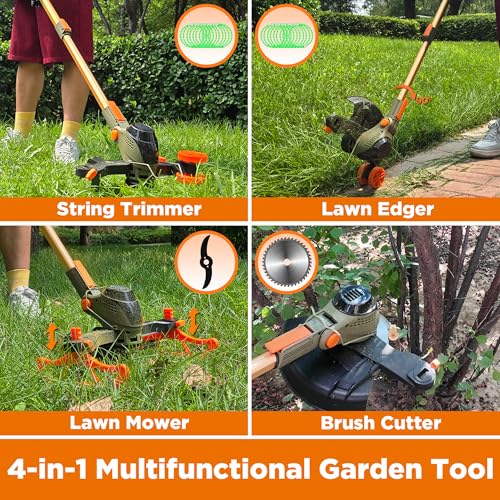 13" Electric Weed Wacker, 4 in 1 Cordless String Trimmer/Lawn Edger/Lawn Mower/Brush Cutter with Steel Gears, 2×21V 6.0Ah Batteries & Charger, 4.2 LBS Lightweight Grass Trimmer for Yard Garden