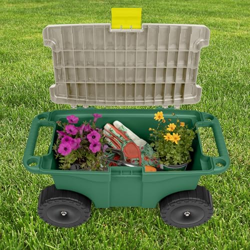 Rolling Garden Cart with Seat - Plastic Storage with Bench and Interior Tool Tray - Gardening Stool for Weeding and Planting By Pure Garden (Green) - color: Dark Green/Black/Grey