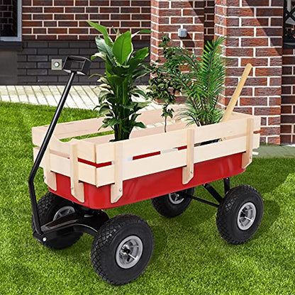 Outvita Outdoor All-Terrain Cargo Wagon, Wooden Side Support, Red