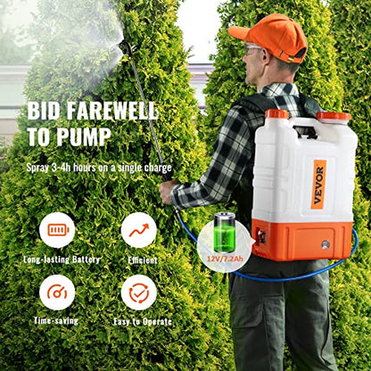 VEVOR 4 Gallon Battery Powered Backpack Sprayer with Wheeled Cart, Adjustable 0-94 PSI, 13FT Hose, 6 Nozzles, 2 Wands Included, Wide Mouth Lid for Weeding, Cleaning, Long Spray Time Without Fatigue - size: 4 Gal with Cart