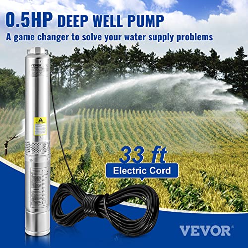 VEVOR Deep Well Submersible Pump, 0.5HP/370W 230V/60Hz, 28GPM 167 ft Head, with 33 ft Electric Cord, 4 inch Stainless Steel Water Pumps for Industrial, Irrigation and Home Use, IP68 Waterproof Grade - style: 0.5HP/230V/ Built-in Controller