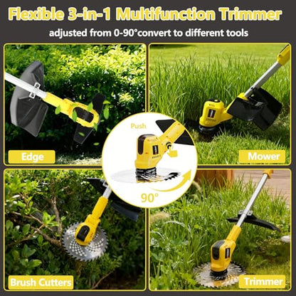 3-in-1 Cordless Weed Wacker, Electric Grass Trimmer with 2x4.0Ah Battery - color: Yellow