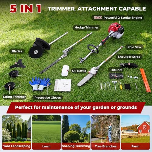 58cc 5-in-1 Gas Weed Wacker, Multi-Functional Trimming Tools for Lawn Care - color: Dark Red