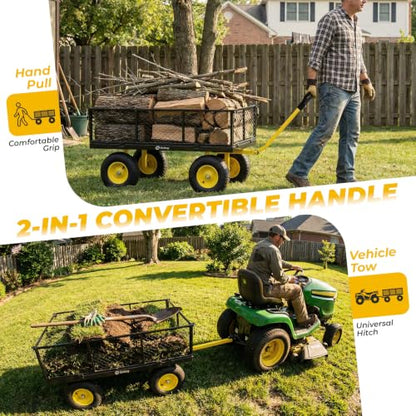 Sekey 1400lbs Heavy Duty Steel Garden Cart for Farm & Construction, 7.7 Cu.Ft. Extra-Large Utility Wagon with Removable Sides, 2-in-1 Towable Handle, 13" Rubber Tires, Black - color: Black, size: 1400LBS