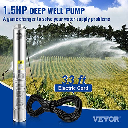 VEVOR Deep Well Submersible Pump, 1.5HP/1100W 230V/60Hz, 37GPM 276 ft Head, with 33 ft Electric Cord, 4 inch Stainless Steel Water Pumps for Industrial, Irrigation and Home Use, IP68 Waterproof Grade - style: 1.5HP/230V/ Built-in Controller