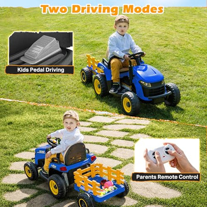 ARBELI 12V 7AH Kids Ride On Tractor w/Trailer & Remote Control, Blue - color: Blue