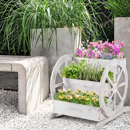 Beeveer Wooden Wagon Planter Box Garden Planter for Outside with Drainage Holes Decorative for Patio Garden Balcony Vegetables Flowers Herbs (Washed Antique White) - style: Washed Antique White