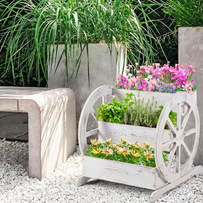 Beeveer Wooden Wagon Planter Box Garden Planter for Outside with Drainage Holes Decorative for Patio Garden Balcony Vegetables Flowers Herbs (Washed Antique White) - style: Washed Antique White