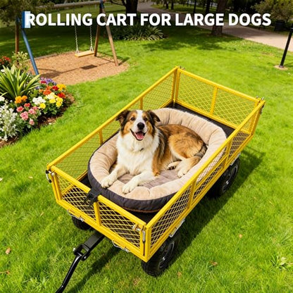 900 Lb Capacity Heavy Duty Steel Garden Cart – 2-in-1 Utility Wagon with Removable Mesh Sides, 10" All-Terrain Tires, Flatbed Conversion, 180° Rotating Handle – Perfect for Lawn, Garden & Backyard - color: Yellow