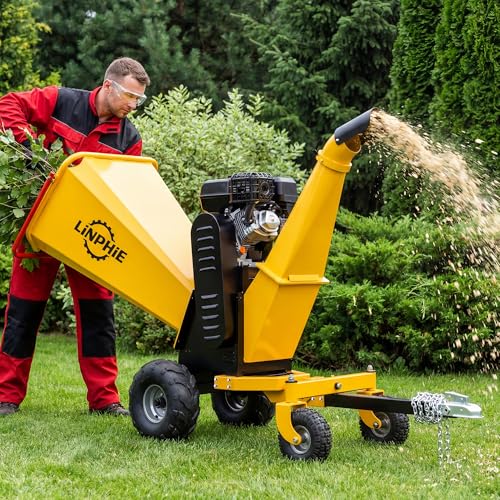 Wood Chipper 420cc 15 HP Gas Powered Engine Wood Chipper Shredder Mulcher with E-Strat 4Wheels Towbar Tail Light Emergency Stop Switch (6'' Yellow) - size: 6'' Yellow