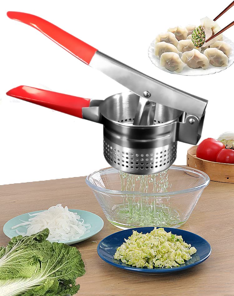 Stainless Steel Vegetable Squeezer, Upgrade Red Silicone Handle Metal Vegetable Water Squeezer for Squeezing Veggie Liquid