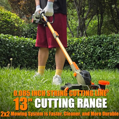 13" Electric Weed Wacker, 4 in 1 Cordless String Trimmer/Lawn Edger/Lawn Mower/Brush Cutter with Steel Gears, 2×21V 6.0Ah Batteries & Charger, 4.2 LBS Lightweight Grass Trimmer for Yard Garden