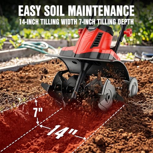 EWORK 10Amp Corded Electric Tiller, 14" Heavy Duty Rototiller