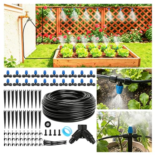 Riboud 110FT Drip Irrigation Kit, Quick-Connect Garden Watering System with 20 Adjustable Misting Nozzles for Garden Greenhouse, Hanging Plants, Raised Beds - size: 110FT