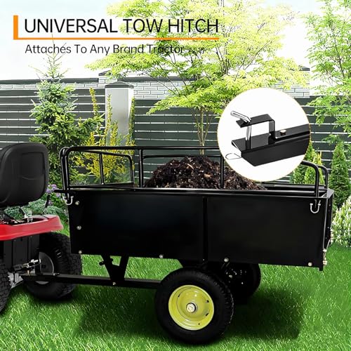 750LB Heavy Duty Steel Utility Dump Cart, 15 Cu. Ft Garden Trailer with Removable Sides, Raised Rails, Tailgate & Hitch, Tow Behind for Lawn Tractors, ATVs, Mowers – Rugged Outdoor Yard Wagon - color: Black + Yellow