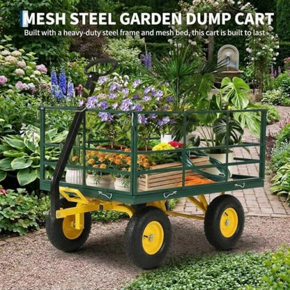 4-in-1 Heavy Duty Steel Garden Yard Cart - 1500 lbs Capacity - 13 Inch All-Terrain Wheels - Removable Mesh Sides - Dark Green Frame, Yellow Hubs, Black Handlebars