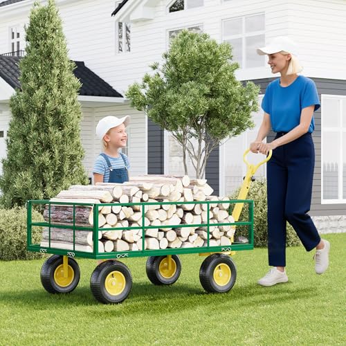1200 LB Garden Cart on Wheels, Heavy Duty Steel Garden Wagon with Removable Mesh Sides & Adjustable Handles, Yard Cart Utility Wagon for Gardening, Lawn & Patio, Green & Yellow - color: Green Yellow, size: 1200 LBS