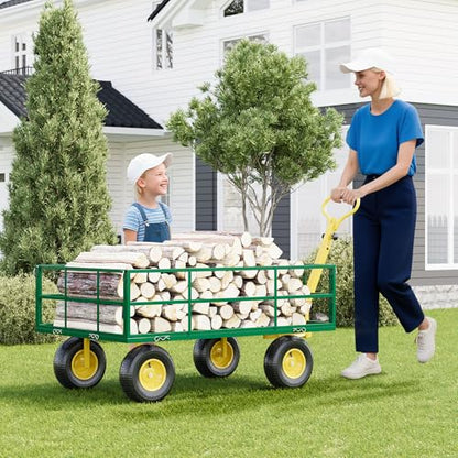 1200 LB Garden Cart on Wheels, Heavy Duty Steel Garden Wagon with Removable Mesh Sides & Adjustable Handles, Yard Cart Utility Wagon for Gardening, Lawn & Patio, Green & Yellow - color: Green Yellow, size: 1200 LBS
