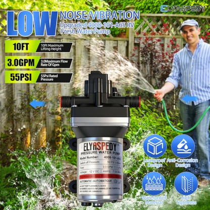 2026 Upgraded 4008-101-A65 RV Fresh Water Pump, 12 V DC 3.0 GPM,55 PSI - size: 12V 101