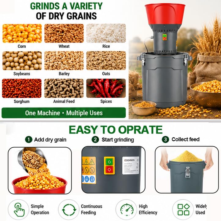 15.8 Gal Electric Corn Grinder Mill for Chicken Feed with 7 Sieves, 1300W Grain Mill Grinder, Heavy Duty Feed Grinder for Dry Corn, Wheat, Rice, Flour, Livestock Feed, Farm & Homestead Use
