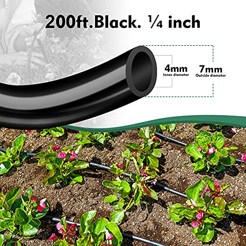 Bonviee 200FT 1/4” Drip Irrigation Tubing, 0.17” ID x 0.25” OD, Black - size: 200FT