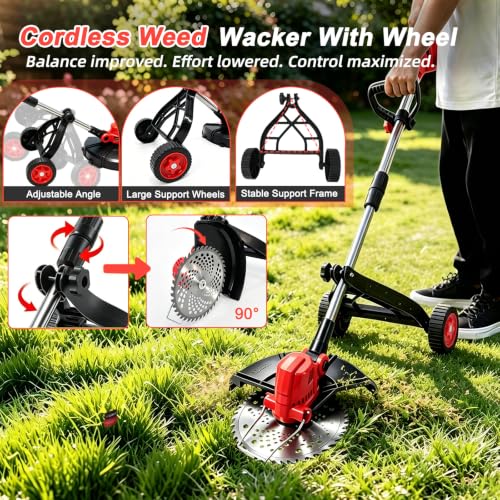 Cordless Weed Wacker with 2 x 4.0Ah Batteries and Wheel - color: Red