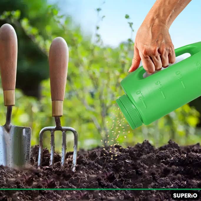 Superio Lawn Seed Spreader, Handheld Shaker for Lawn Seeds, Ice Melt Salt, Calcium, Deicer, Weed and Feed Spreader, 2 Liter, Adjustable Hole Size, with Cut Out Handle - color: Green