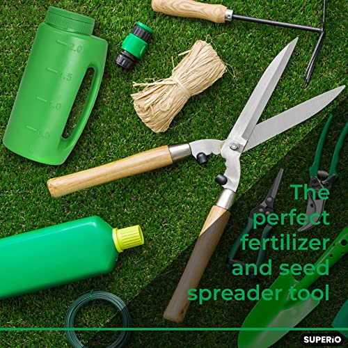 Superio Lawn Seed Spreader, Handheld Shaker for Lawn Seeds, Ice Melt Salt, Calcium, Deicer, Weed and Feed Spreader, 2 Liter, Adjustable Hole Size, with Cut Out Handle - color: Green