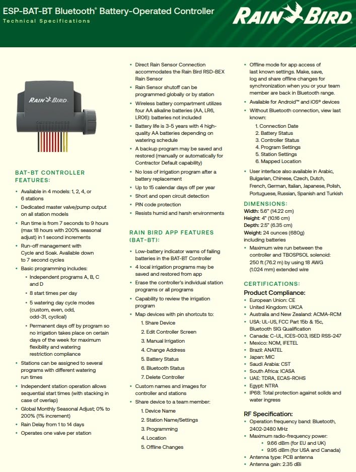 Rain Bird ESP-BAT-BT4 Advanced Bluetooth Battery-Operated Controller 4 Zone App-Controlled Irrigation Timer