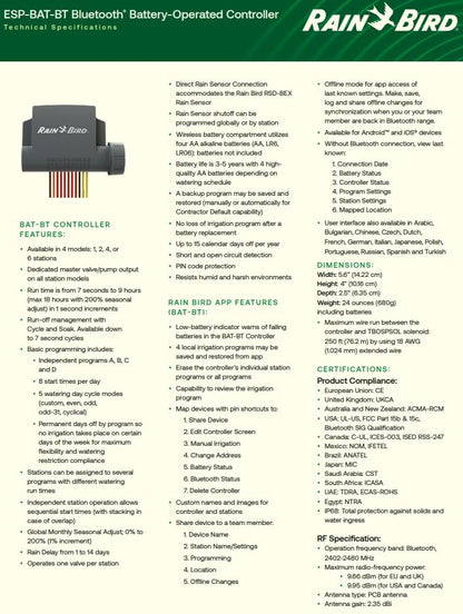 Rain Bird ESP-BAT-BT4 Advanced Bluetooth Battery-Operated Controller 4 Zone App-Controlled Irrigation Timer
