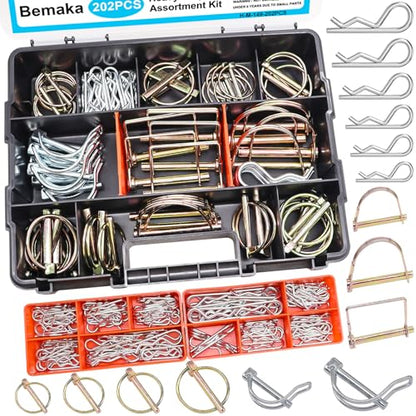 202Pcs Hitch Pins Clip Pins Assortment Kit, Heavy Duty Hitch Pins R Clip, Linch Pins, PTO Pins Trailer Truck Towing Tractor Accessories Three-Point Accessories for Lawn Garden Farm Equipment