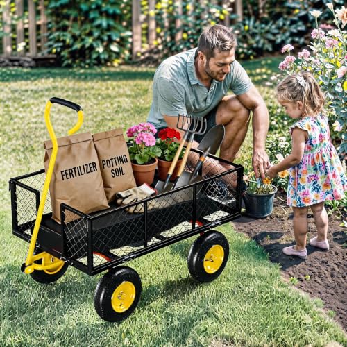 Garvee Steel Garden Cart Wagon,900 Lbs Wheelbarrow Yard Cart-Black&Yellow - color: Black Yellow, size: 900lbs
