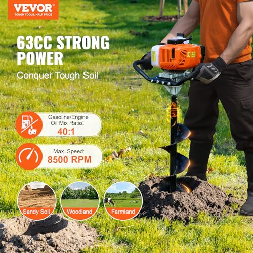 VEVOR Post Hole Digger Gas Powered 63CC 2400W Earth Auger Fence Digger - style: 63CC+8"